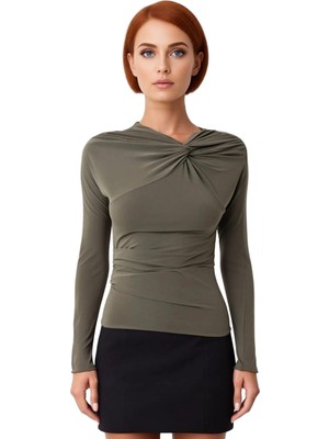 Ersefa Kadın Fitted Örme Bluz Asimetrik Yaka ve Düğüm Detaylı Uzun Kollu Kaliteli Şık Rahat Modern