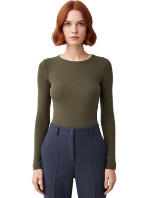 Ersefa Kadın Standart Kollu Bisiklet Yaka Fitted Örme Bluz Kaliteli Şık Rahat Modern Zarif Günlük