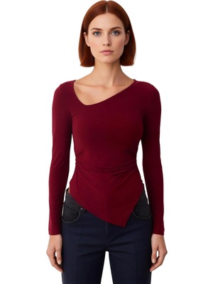 Ersefa Kadın Dalgıç Kumaş Asimetrik Yaka Uzun Kollu Fitted Bluz Kaliteli Şık Rahat Modern Zarif Günlük