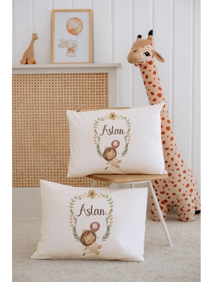 Lilabio %100 Pamuk Isme Özel 2li Ekru Bebek Yastık Kılıfı 35X45 Cm-Aslan
