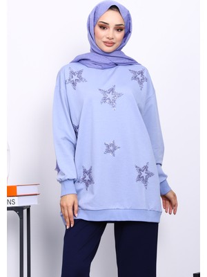 İmaj Butik Lila Bisiklet Yaka Taşlı Modal Sweatshirt
