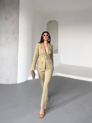 Bella Breeze Kadın Zımba Kemer Detaylı Çıtçıtlı Cekete Palazzo Pantolon Şık Takım Elbise