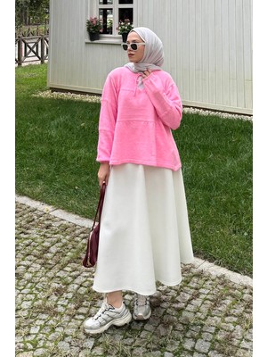 Lamelif Yakası Bağcıklı Triko Kazak Pembe