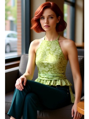 FRM Kadın Kolsuz Halter Yaka Fırfırlı Baskılı Örme Üst Kaliteli Şık Rahat Modern Zarif Günlük