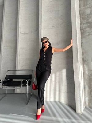 Bella Breeze Kadın Alt Üst Takım Şık Taş Düğme Detaylı Premium Yelek Pantolon Ikili Takım Elbise