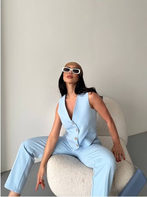 Bella Breeze Kadın Alt Üst Takım Şık Taş Düğme Detaylı Premium Yelek Pantolon Ikili Takım Elbise