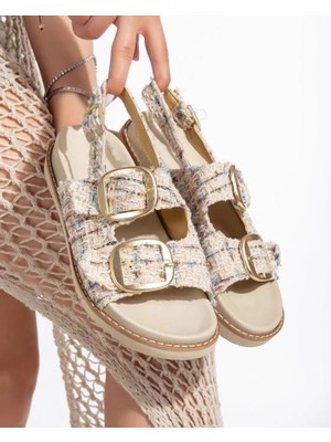 Butik Olira Bej Simli Kemerli Sandalet