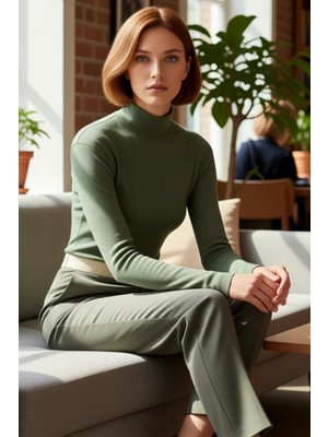 FRM Kadın Moda Şık Regular Dik Yaka Slim Kalıp Örme Fitted Vücuda Oturan Kol Fitilli Esnek Bluz