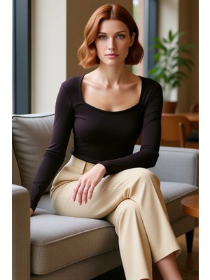 FRM Kadın Kare Yaka Uzun Kollu Vücuda Oturan Fitilli Bluz Kaliteli Şık Rahat Modern Zarif Günlük