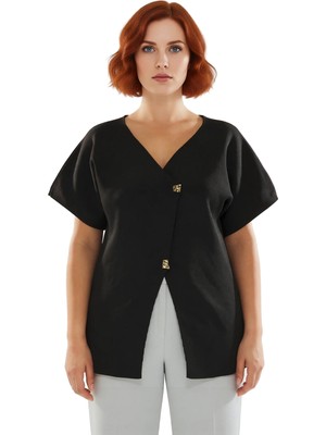 Ersefa Kadınlar Için V Yaka Düğmeli Asimetrik Kesim Triko Bluz Kaliteli Şık Rahat Modern Zarif Günlük