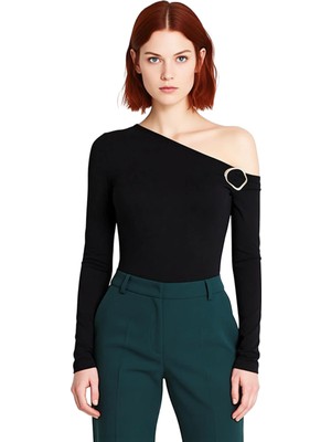 Ersefa Kadınlar Için Asimetrik Yaka Uzun Kollu Aksesuar Detaylı Örme Bluz Kaliteli Şık Rahat Modern