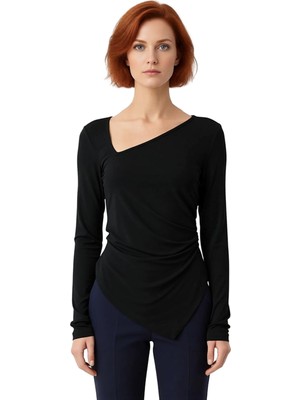 Ersefa Kadın Dalgıç Kumaş Asimetrik Yaka Uzun Kollu Fitted Bluz Kaliteli Şık Rahat Modern Zarif Günlük