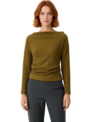 Ersefa Kadın Esnek Örme Gofre Kayık Yaka Büzgülü Uzun Kollu Bluz Kaliteli Şık Rahat Modern Zarif Günlük