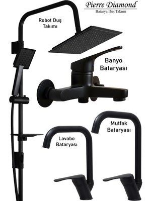 Tesitay Mutfak, Lavabo, Banyo Bataryası Robot Duş Takımı Siyah Renk Armatür, Musluk Seti Batarya Banyo Seti