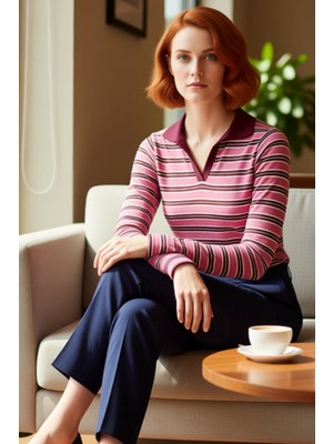 FRM Genç Kız Vücuda Oturan Çizgili Polo Yaka Uzun Kollu Üst Kaliteli Şık Rahat Modern Zarif Günlük