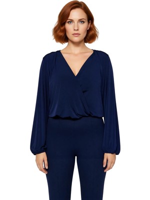 Ersefa Moda Büyük Beden Kruvaze Örme Regular Düz Desen Casual Günlük Regular Uzun Kol Bluz