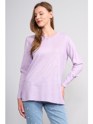 Çetinkaya Miyamira 2307 Kadın Basic V Yaka Yanları Yırtmaçlı Triko Lila