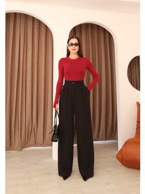 Hazel Kadın Siyah Arkası Lastikli Palazzo Pantolon 46 Beden Rahat Kesim Modern Model