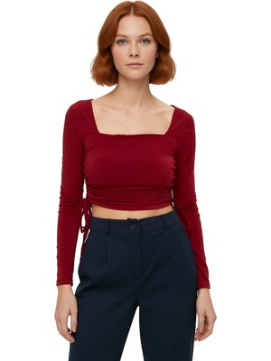Ersefa Kadın Fitted Kare Yaka Büzgülü Uzun Kollu Crop Esnek Örme Bluz Kaliteli Şık Rahat Modern Zarif