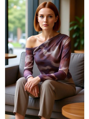 FRM Kadın Moda Şık Üst Giyim Regular Asimetrik Yaka Düşük Kol Slim Kalıp Örme Siyah Tül Astarlı Bluz