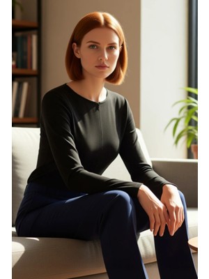 FRM Kadın Uzun Kollu Vücuda Oturan Yarım Fermuarlı Örme Bluz Kaliteli Şık Rahat Modern Zarif Günlük