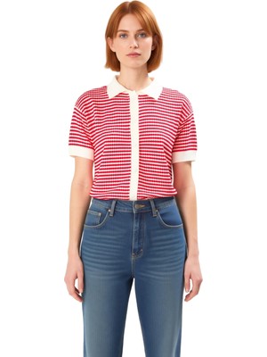 Ersefa Kadın Çizgili Polo Yaka Triko Üst Konforlu ve Şık Günlük Kombinler Için Kaliteli Şık Rahat