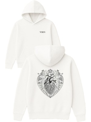 Vsrn Hologram Kalp Tasarım Baskılı Oversize Beyaz Kapüşonlu Sweatshirt