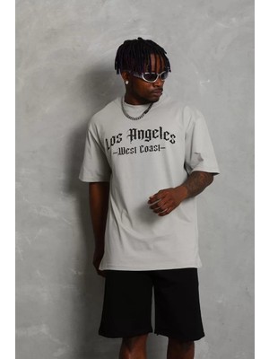 Moda Unisex Oversize Baskılı Bisiklet Yaka T-Shirt - Gri