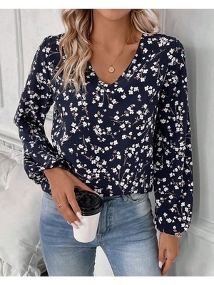 Gökyüzü Moda Kadın Uzun Kollu V Yakalı Çiçek Desenli Modal Bluz
