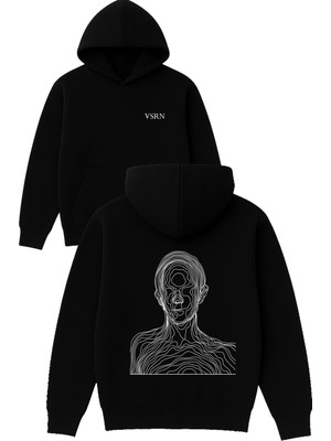 Vsrn Çizgisel Adam Tasarım Baskılı Oversize Siyah Kapüşonlu Sweatshirt