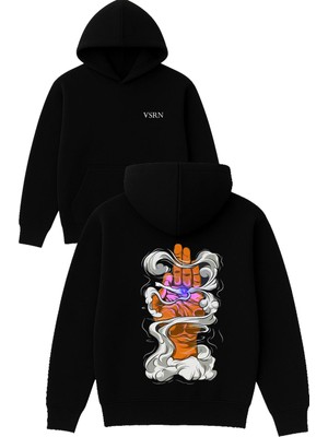 Vsrn Elde Duman Tasarım Baskılı Oversize Siyah Kapüşonlu Sweatshirt