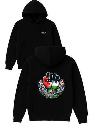 Vsrn Özgür Filistin Tasarım Baskılı Oversize Siyah Kapüşonlu Sweatshirt