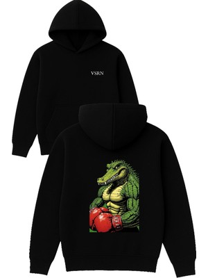 Vsrn Boksör Timsah Tasarım Baskılı Oversize Siyah Kapüşonlu Sweatshirt