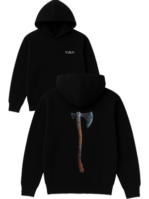 Vsrn Viking Baltası Tasarım Baskılı Oversize Siyah Kapüşonlu Sweatshirt