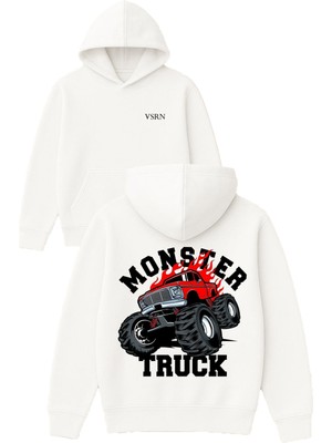 Vsrn Monster Truck Tasarım Baskılı Oversize Beyaz Kapüşonlu Sweatshirt