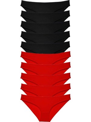 MELENERS 10 Adet Süper Eko Set Likralı Kadın Slip Külot Siyah Kırmızı