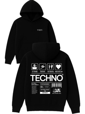 Vsrn Techno Rapor Tasarım Baskılı Oversize Siyah Kapüşonlu Sweatshirt