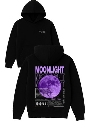 Vsrn Moonlıght Mılky Way Tasarım Baskılı Oversize Siyah Kapüşonlu Sweatshirt