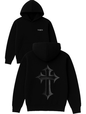 Vsrn Haç Işareti Tasarım Baskılı Oversize Siyah Kapüşonlu Sweatshirt