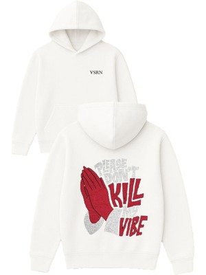 Vsrn Please Dont El Tasarım Baskılı Oversize Beyaz Kapüşonlu Sweatshirt