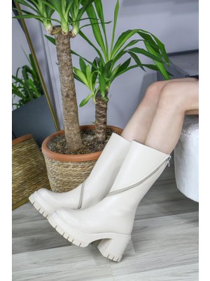Asmi Shoes Kadın Liva Döner Fermuarlı  8 cm Topuklu Bot  Krem