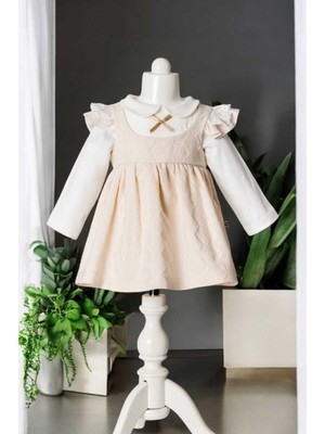 Dinamik çocuk Fiyonklu Bebe Yaka Badili Elbise 0-2 Yaş Kol Detaylı Kendinden Desenli Pike Kumaş