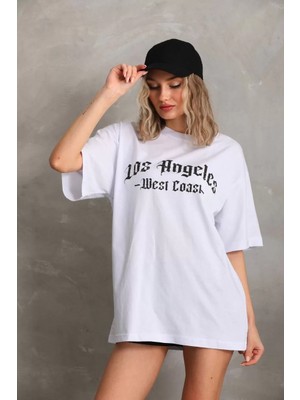 Moda Unisex Baskılı Oversize T-Shirt - Beyaz