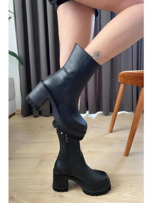 Asmi Shoes Kadın Leysi 8 cm Platformlu Topuklu Fermuarlı Bot  Siyah