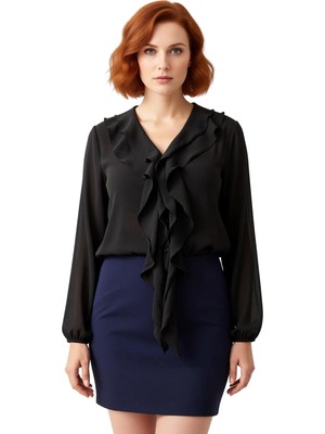 Ersefa Bayan V Yaka Fırfırlı Uzun Kollu Şifon Bluz Plus Size Modeller Kaliteli Şık Rahat Modern Zarif