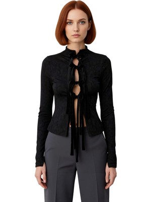 Ersefa Kadın Jakar Desenli Hakim Yaka Uzun Kollu Bağcıklı Üst Kaliteli Şık Rahat Modern Zarif Günlük