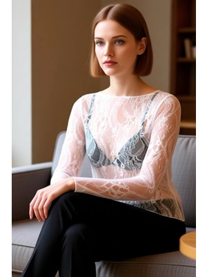 FRM Kadınlar Için Hafif Örme Dantel Detaylı Kayık Yaka Uzun Kollu Bluz Kaliteli Şık Rahat Modern