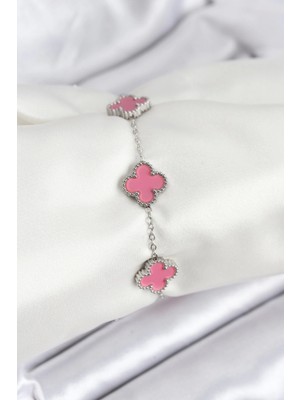 Gnay Bfs 316L Çelik Gümüş Zincir Pembe Renk Yonca Bileklik