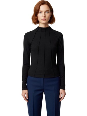Ersefa Kadın Polyester Esnek Örme Bluz Regular Kalıp Bisiklet Yaka Fermuarlı Uzun Kollu Casual Günlük