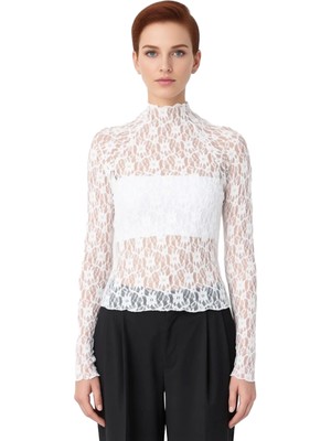 Ersefa Kadınlar Için Yüksek Boyunlu Uzun Kollu Vücut Hatlarını Belirginleştiren Örme Dantel Detaylı Üst